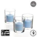 Gold Smoke - Votive Candles Unscented 2" W- 1.5" H  with Glass Holder Set of 12 -Light Blue (glass and candle) (සුවඳ නැති ඉටිපන්දම් 2" W- 1.5" H වීදුරු රඳවන කට්ටලයක් සහිත 12 - ලා නිල් වර්ණය (වීදුරු සහ ඉටිපන්දම))